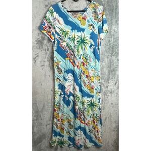 Hilo Hattie MuuMuu Large Blue‎ Boats Fish Girls Lounge Vintage Luau Maxi Dress